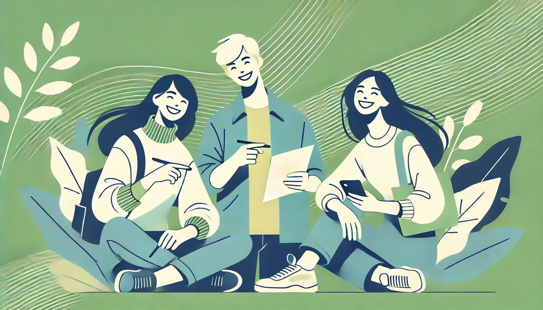 Three happy college students sitting on the ground with pens and papers in their hand.