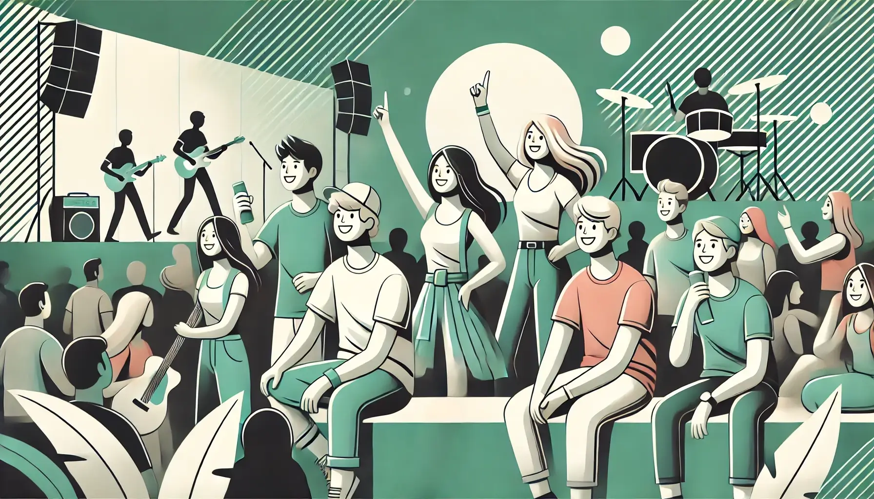 An illustration showing a lot of college students enjoying a concert.