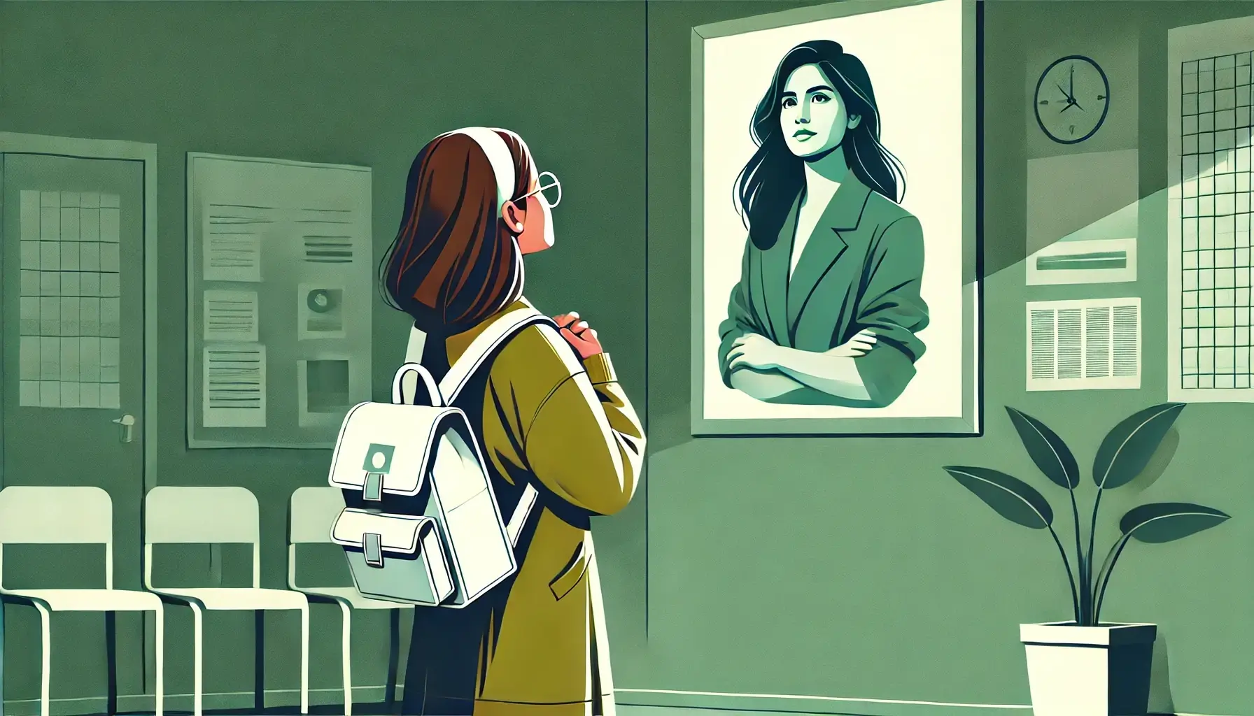 An illustration of a college girl looking at a portrait of an accomplished alumna.