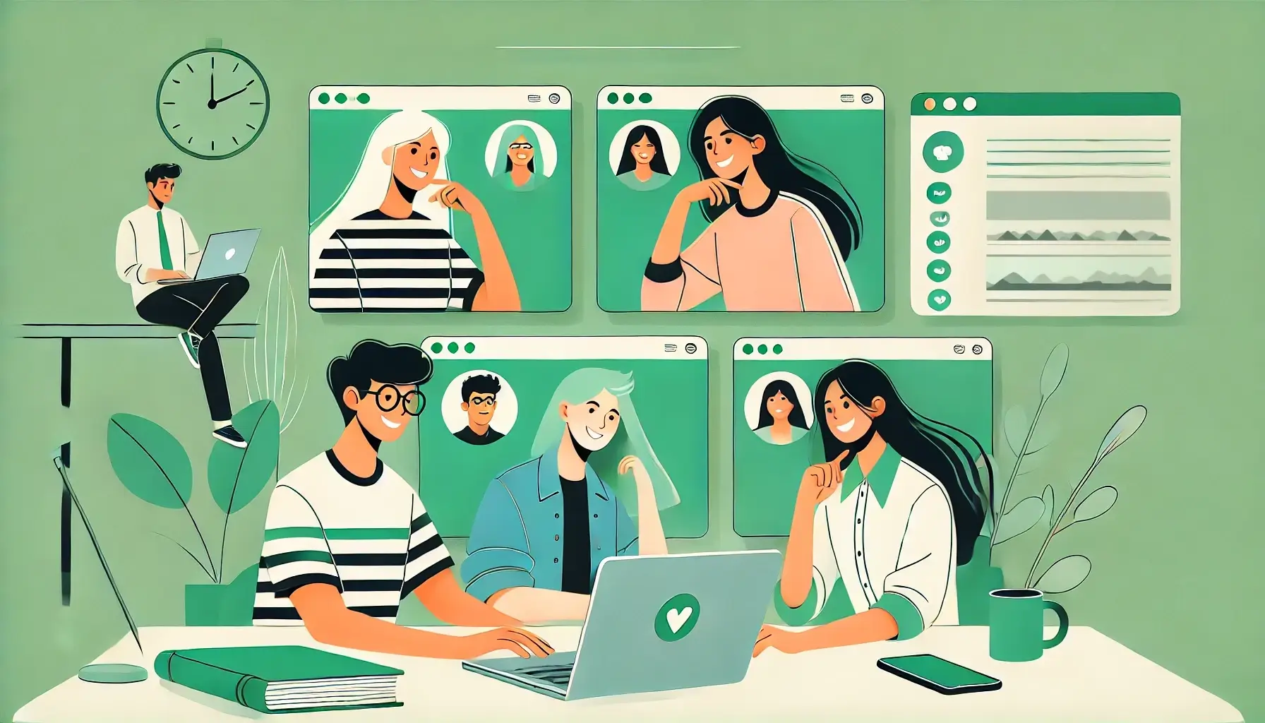 An illustration of a few college students digitally networking with each other.